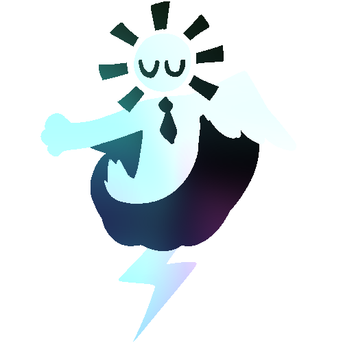 a person with an arrow wrapping around them. they have one arm with a paw, one wing, a lightning bolt instead of feet, a necktie, glow marks around their head, a short fuzzy tail, and closed eyes. the image has a cool aurora-like tint, with the person bright and the arrow dark